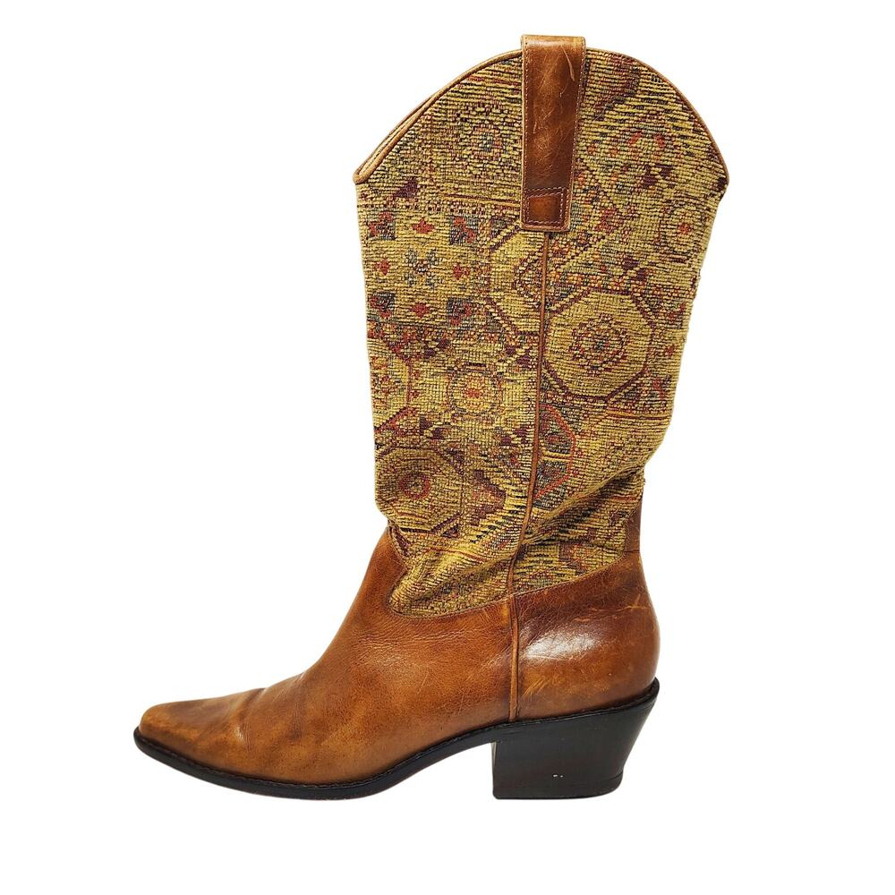 J Jill Womens 9.5 Shoes Boots Tapestry Boho Cowboy Western Leather Brown Tan